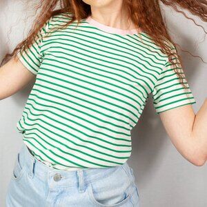 GREEN STRIPE TEE W/ CONTRAST NECK BAND